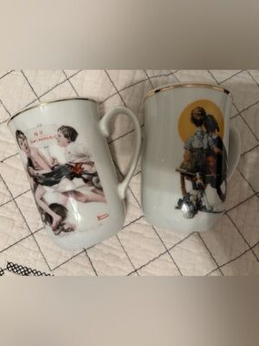 2 Vintage White Porcelain Norman Rockwell with Gold Trim (Set of 2) cups